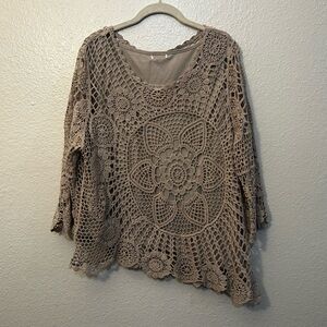 Crochet Knit Top Asymmetrical Hem With Cami Tank in Neutral Beige